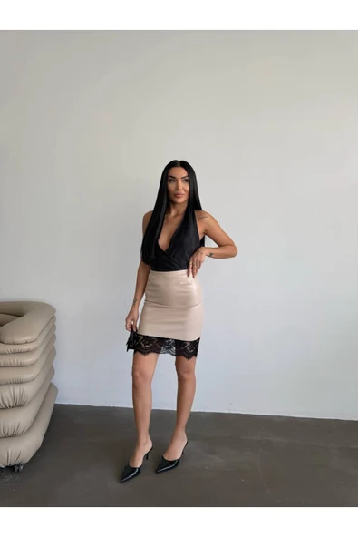 Tasarım İthal Deri Etek Ucu Fransız Dantel Detay Etek Dantelli Deri Mini Etek - Resim 12