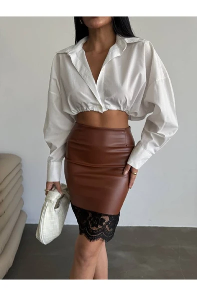 Tasarım İthal Deri Etek Ucu Fransız Dantel Detay Etek Dantelli Deri Mini Etek - Resim 2