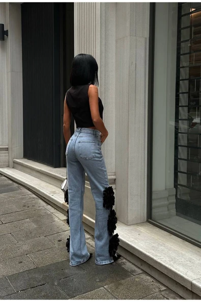 Pinterest Tasarım Gül Detaylı Palazzo Kot Pantolon İthal Kumaş - Resim 2