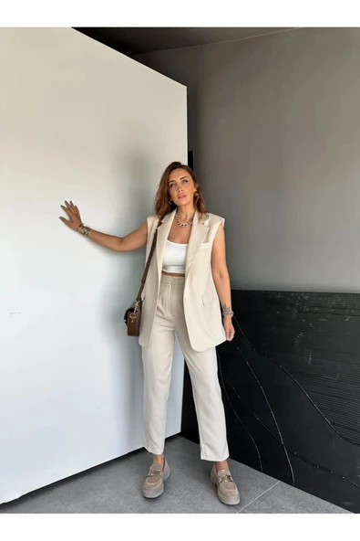 Zr Model Marka Vatkalı Yelek Pantolon Takım - Havuç Pantolon Uzun Yelek Düz Renk Takım - Resim 8