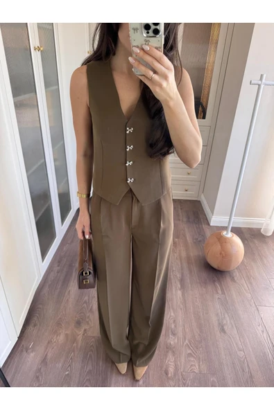 Kurdele Düğmeli Tasarım Yelek Pantolon Takım Premium Kalite - 3