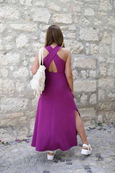 Yeşil Arkası Çapraz Yırtmaçlı Maxi Boy Elbise - 3