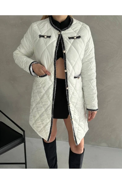 Baklava Desen Kapitone Tüvit Kumaş Mont Ceket Hırka Palto - 3