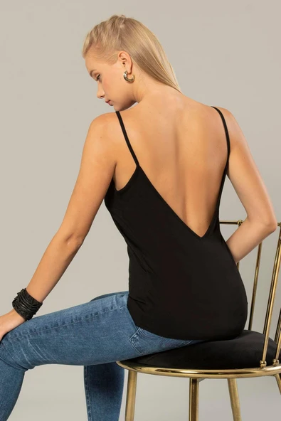 Weweus Siyah Kadın Viskon Sırt Dekolteli Ip Askılı Bluz 236 - Resim 5