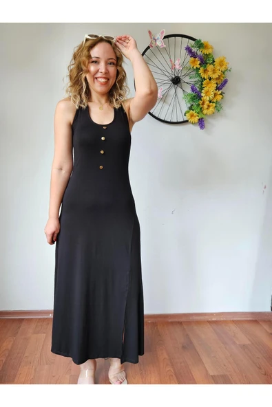 Boyundan Bağlama Detaylı Siyah Uzun Yırtmaçlı Elbise - Resim 7