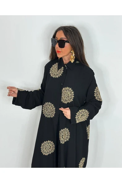 Glow Nakışlı Kimono Takın Uzun Maxi Boy Gömlek Pantolonlu Takım - 10