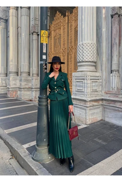 Elizabeth Gold Kemerli - Düğmeli Blazer Ceket Ve Piliseli Uzun Etek Takım - 2