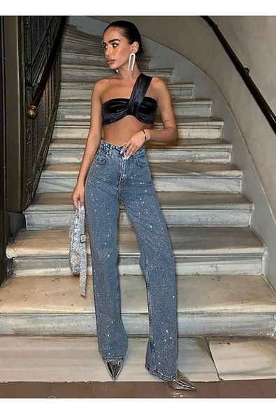 Tasarım Pinterst Model Kot Pantolon Jeans İthal Kumaş Kalite Palazzo Pantolon ürün görseli