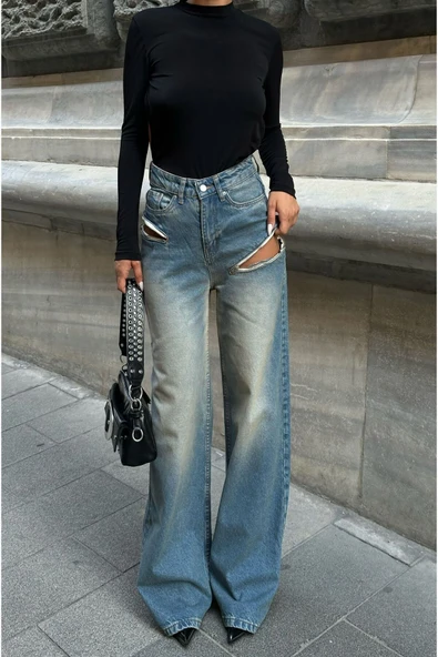 Gümüş Varaklı Palazzo Kot Pantolon Jeans - 5