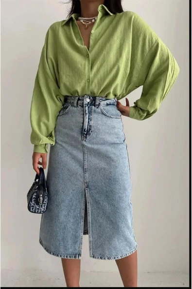 Zr Model Yırtmaç Detaylı Düğmeli Kot Etek Koyu Mavi Midi Diz Boy - Resim 7