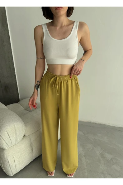 Linda Kumaş Siyah Keten Karışımlı Bol Kesim Pantolon Beli Lastikli Beli Bağcıklı - 5
