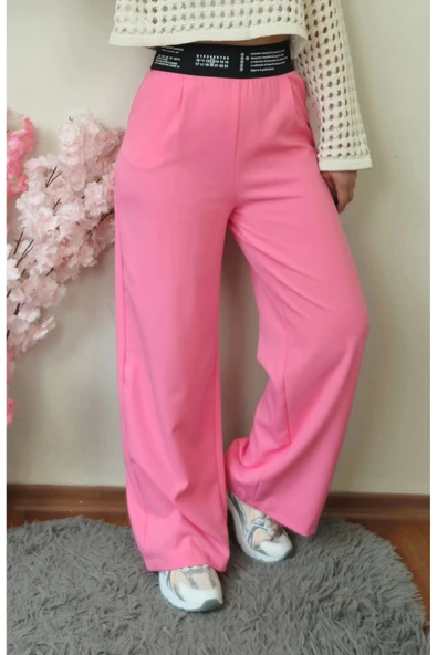 Pembe Beli Lastikli Ve Fermuarlı İthal Kumaş Palazzo Pantolon - 3