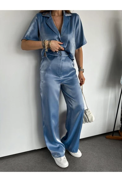 Ekru Renk Premium Boy Fit Kadın Pantolon Kolsuz Ceket Yelek Takımı Atlas Kumaş - Resim 9