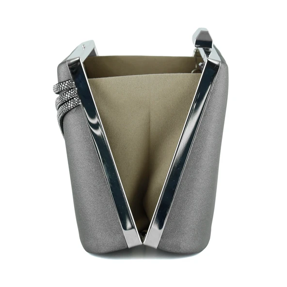 Erkan Saçmacı Antrasit Saten Taşlı Gümüş Metal Saplı Zincir Askılı Abiye Çanta - 6