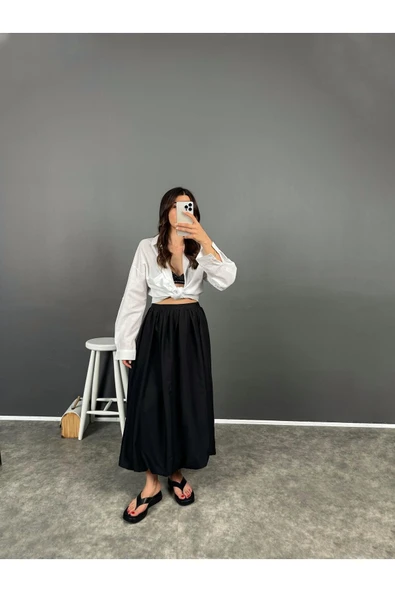 Siyah Beli Lastikli Poplin Yandan Cepli Etek - 3