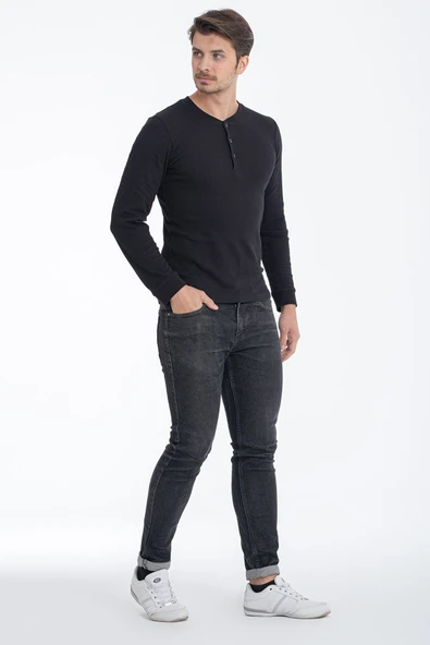 ERDEM İÇ GİYİM Erdem Siyah Düğmeli Kaşkorse Uzun Kollu Tişört 1126 - Resim 4