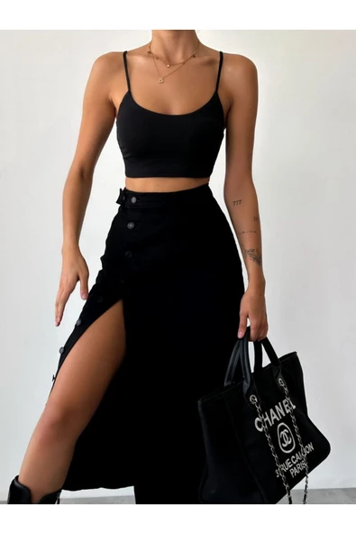 Zr Model Yırtmaç Detaylı Düğmeli Kot Etek Koyu Mavi Midi Diz Boy - Resim 3