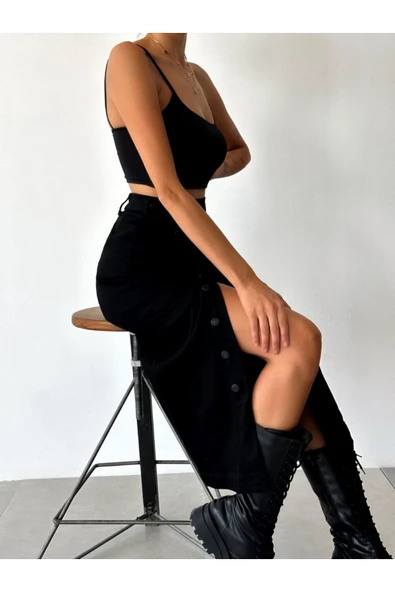 Zr Model Yırtmaç Detaylı Düğmeli Kot Etek Koyu Mavi Midi Diz Boy - 6