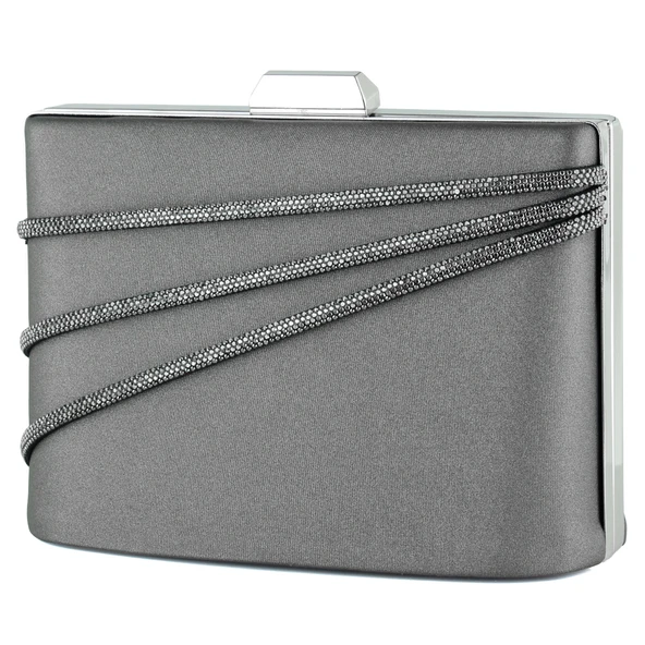 Erkan Saçmacı Antrasit Saten Taşlı Gümüş Metal Saplı Zincir Askılı Abiye Çanta