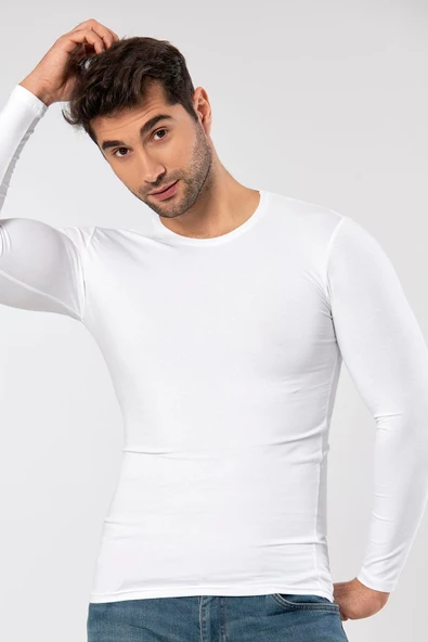 Weweus Beyaz Süper İnce Erkek Doğal Bambu Lüks Uzun Kol Tişört 1131 - Resim 6
