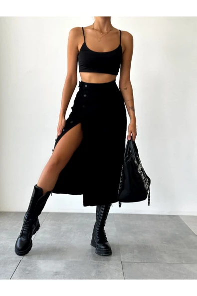 Zr Model Yırtmaç Detaylı Düğmeli Kot Etek Koyu Mavi Midi Diz Boy - 9