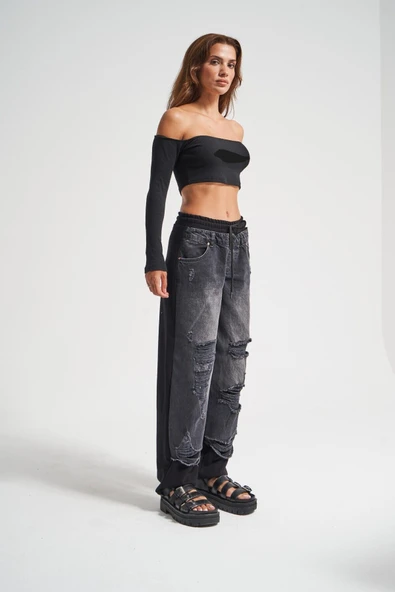 Kadın Tint Haki Lazer Detaylı Skater Jogger Fit Denim Jogger Kot Pantolon Baggy Model - 7