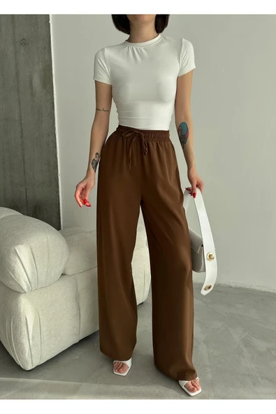 Linda Kumaş Siyah Keten Karışımlı Bol Kesim Pantolon Beli Lastikli Beli Bağcıklı - Resim 2