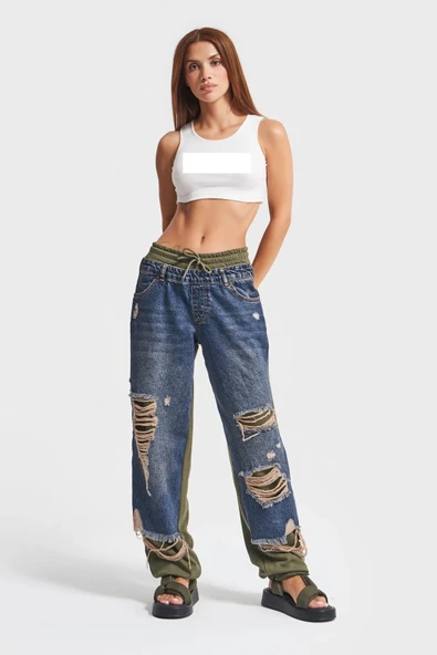 Kadın Tint Haki Lazer Detaylı Skater Jogger Fit Denim Jogger Kot Pantolon Baggy Model - 2