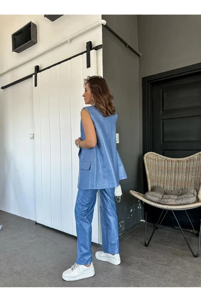 Kumaş Takım Keten Kaplama Yelek Pantolon Takım Mavi - 4