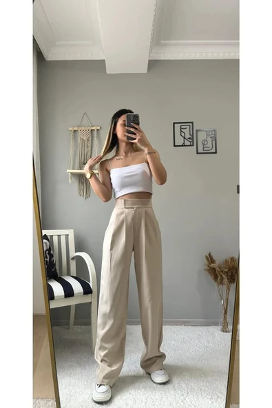 Kadın Yüksek Bel Cırtlı Peleli Bej Palazzo Pantolon - Resim 5