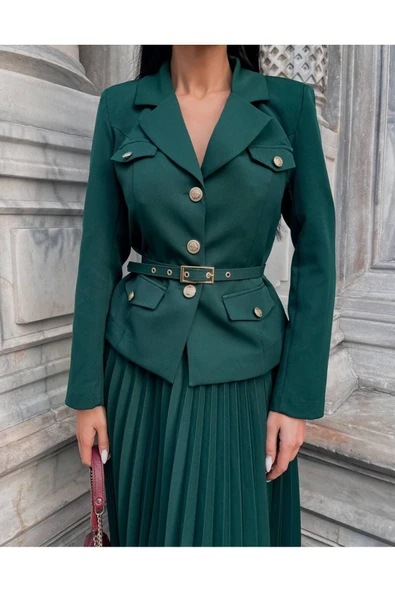 Elizabeth Gold Kemerli - Düğmeli Blazer Ceket Ve Piliseli Uzun Etek Takım - 5