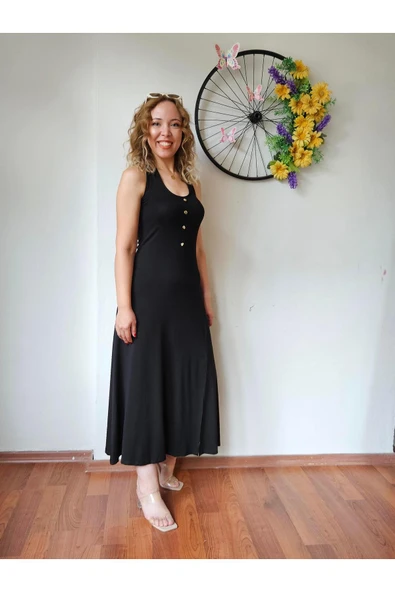 Boyundan Bağlama Detaylı Siyah Uzun Yırtmaçlı Elbise - Resim 3