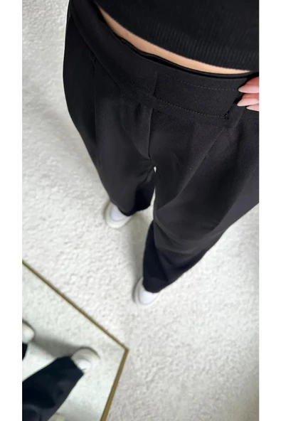 Kadın Yüksek Bel Cırtlı Peleli Bej Palazzo Pantolon - Resim 11