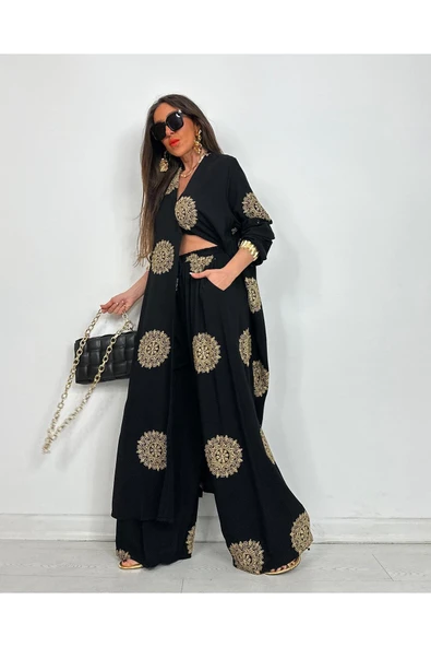 Glow Nakışlı Kimono Takın Uzun Maxi Boy Gömlek Pantolonlu Takım - 12