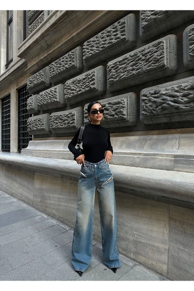 Gümüş Varaklı Palazzo Kot Pantolon Jeans - Resim 3