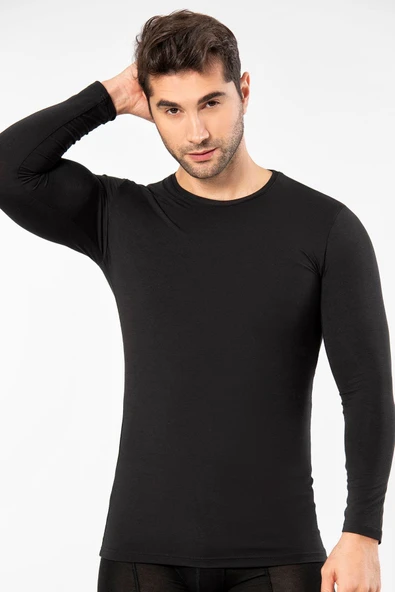 Weweus Siyah Süper Ince Erkek Doğal Bambu Lüks Uzun Kol Tişört 1131 - Resim 4