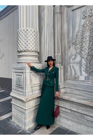 Elizabeth Gold Kemerli - Düğmeli Blazer Ceket Ve Piliseli Uzun Etek Takım - 3
