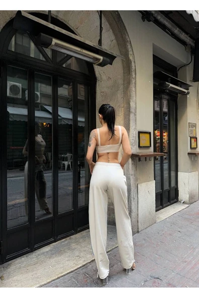 Kadın Tint Haki Lazer Detaylı Skater Jogger Fit Denim Jogger Kot Pantolon Baggy Model - Resim 9