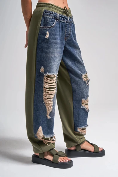 Kadın Tint Haki Lazer Detaylı Skater Jogger Fit Denim Jogger Kot Pantolon Baggy Model - Resim 8