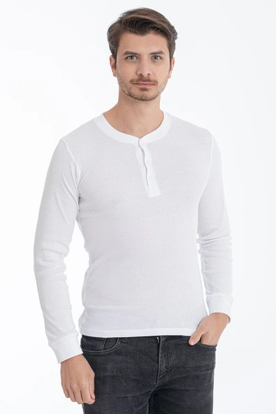 ERDEM İÇ GİYİM Erdem Beyaz Düğmeli Kaşkorse Uzun Kollu Tişört 1126 - Resim 2