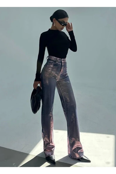 Gümüş Varaklı Palazzo Kot Pantolon Jeans - 11