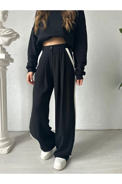 Kadın Yüksek Bel Cırtlı Peleli Bej Palazzo Pantolon - Resim 3