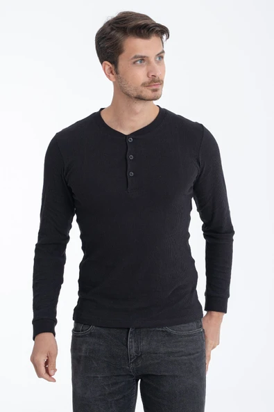 ERDEM İÇ GİYİM Erdem Siyah Düğmeli Kaşkorse Uzun Kollu Tişört 1126 - Resim 5