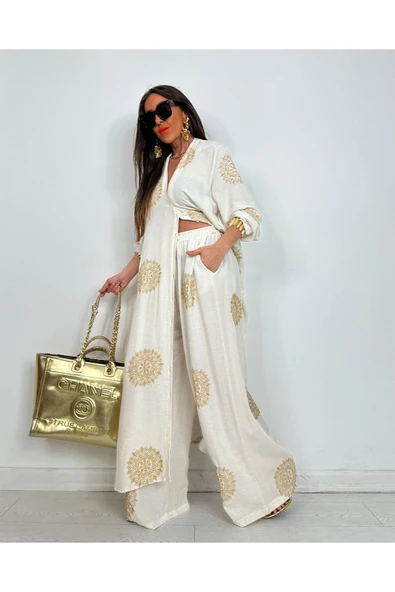 Glow Nakışlı Kimono Takın Uzun Maxi Boy Gömlek Pantolonlu Takım - 11