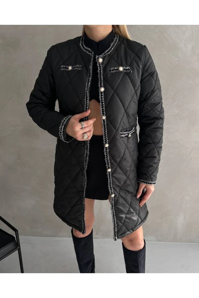 Baklava Desen Kapitone Tüvit Kumaş Mont Ceket Hırka Palto