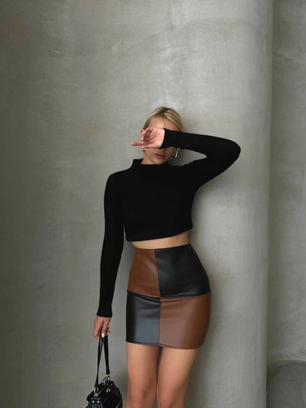 Damalı deri etek siyah kahve w24648 - 4