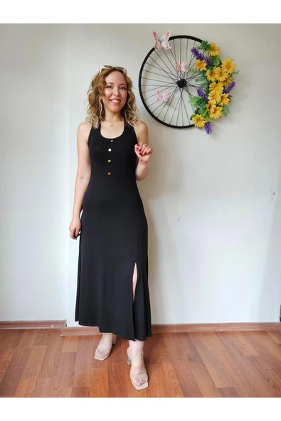 Boyundan Bağlama Detaylı Siyah Uzun Yırtmaçlı Elbise ürün görseli