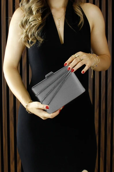 Erkan Saçmacı Antrasit Saten Taşlı Gümüş Metal Saplı Zincir Askılı Abiye Çanta - 5