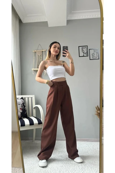 Kadın Yüksek Bel Cırtlı Peleli Bej Palazzo Pantolon - Resim 7