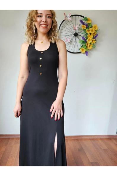 Boyundan Bağlama Detaylı Siyah Uzun Yırtmaçlı Elbise - Resim 6